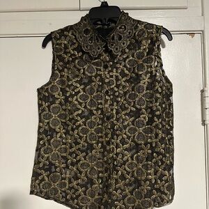 ModCloth Floral Scallop Collar Top Gold Black Size  Large  L NWT